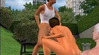 A hot anal sex threesome out in a 3D park porn video